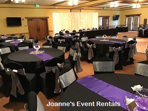 Banquet tables with black and purple decor